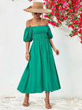 Off-Shoulder Balloon Sleeve Midi Dress - Trendsi - Flyclothing LLC