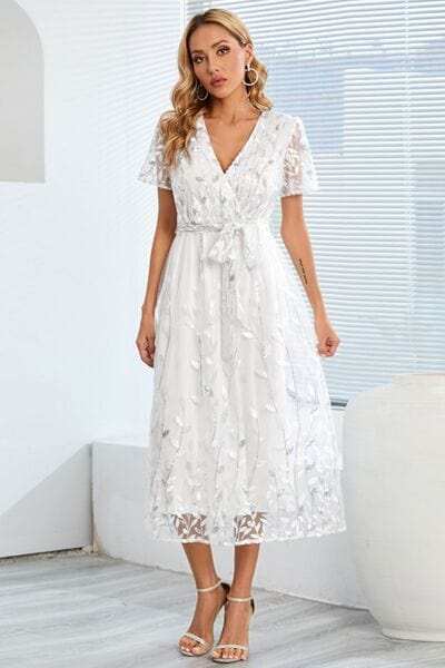 Sequin Leaf Embroidery Tie Front Short Sleeve Dress - Trendsi - Flyclothing LLC