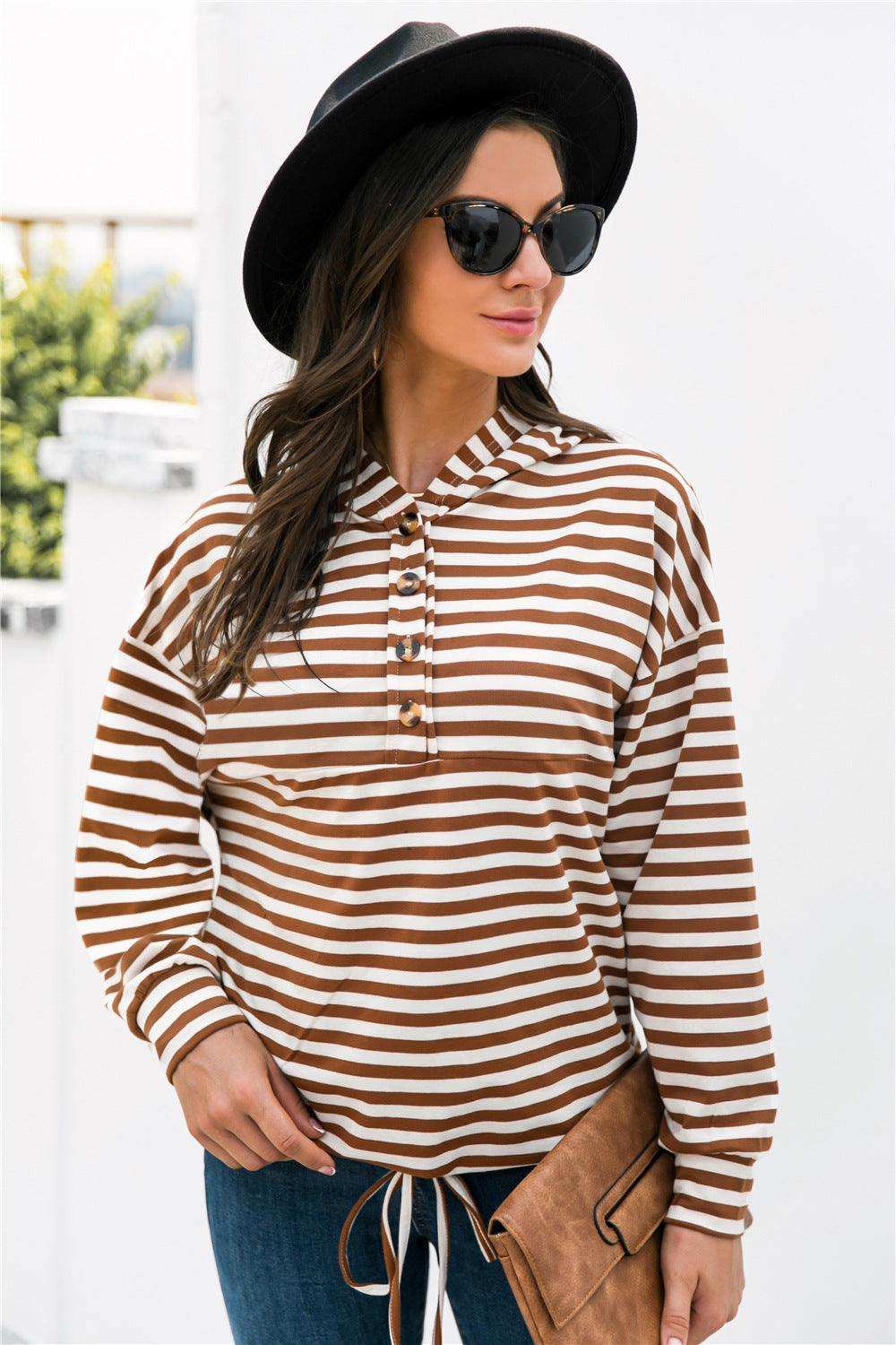 Striped Half-Button Dropped Shoulder Hoodie - Trendsi - Flyclothing LLC