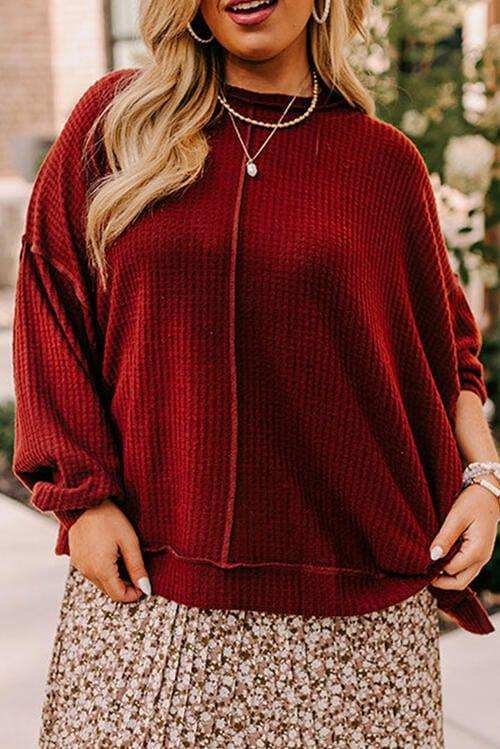 Plus Size Exposed Seam Waffle-Knit High-Low Sweatshirt - Trendsi - Flyclothing LLC