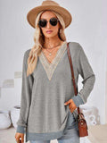 Crochet Contrast V-Neck Long Sleeve Slit T-Shirt - Trendsi - Flyclothing LLC