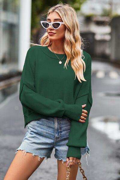 Round Neck Drop Shoulder Long Sleeve Sweater - Trendsi - Flyclothing LLC
