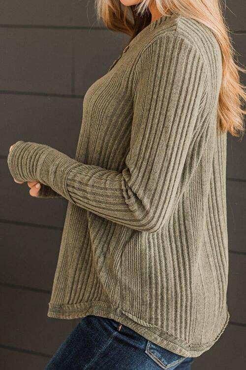 Ribbed Buttoned Long Sleeve Blouse - Trendsi - Flyclothing LLC