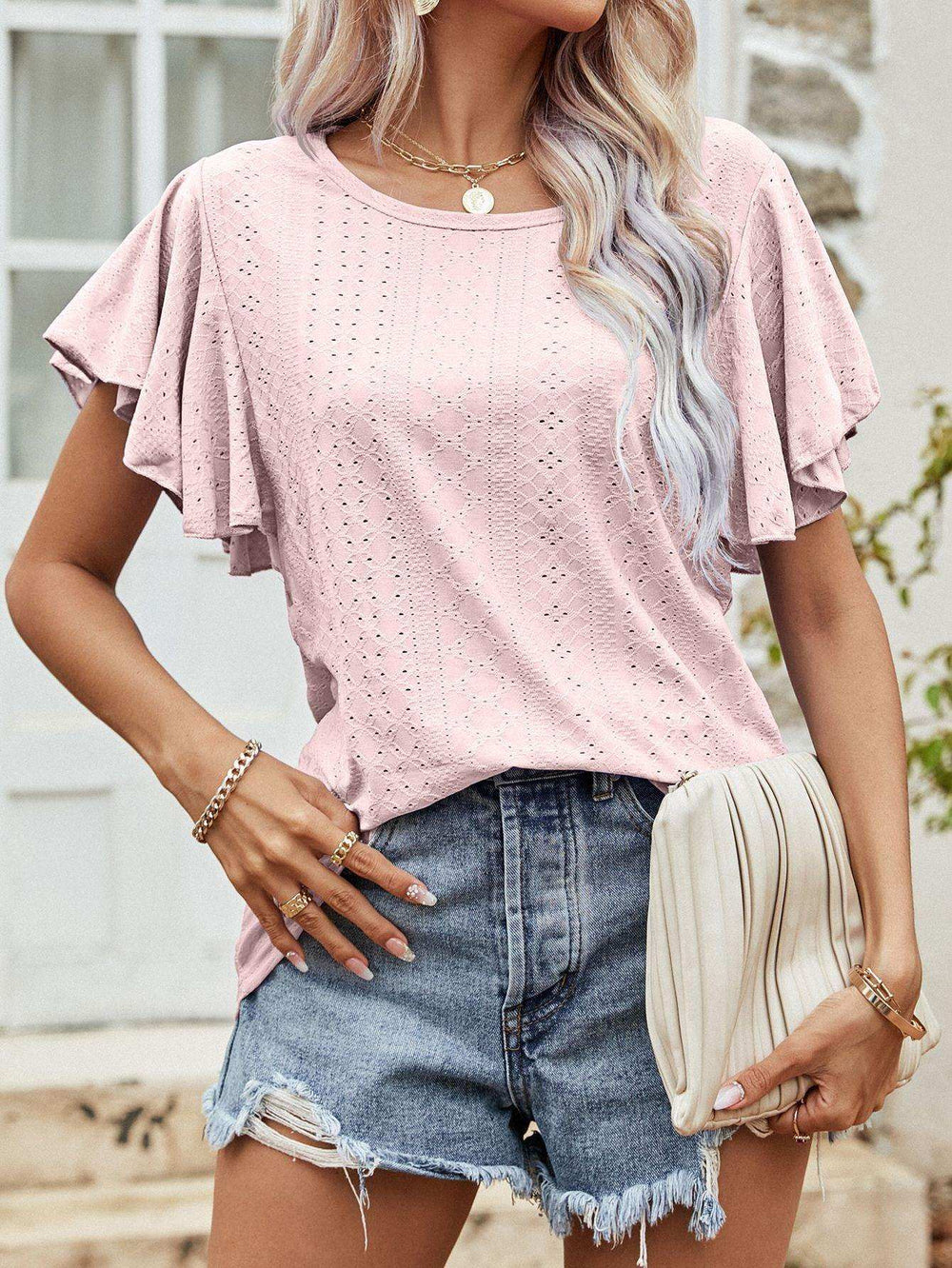 Round Neck Flutter Sleeve Blouse - Trendsi - Flyclothing LLC