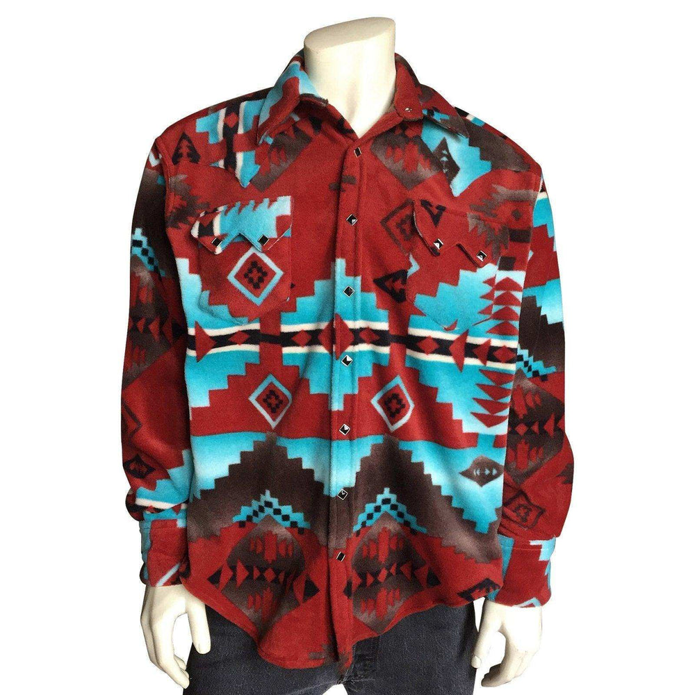 Men's Native Pattern Fleece Western Shirt in Rust & Turquoise - Rockmount Clothing - Flyclothing LLC