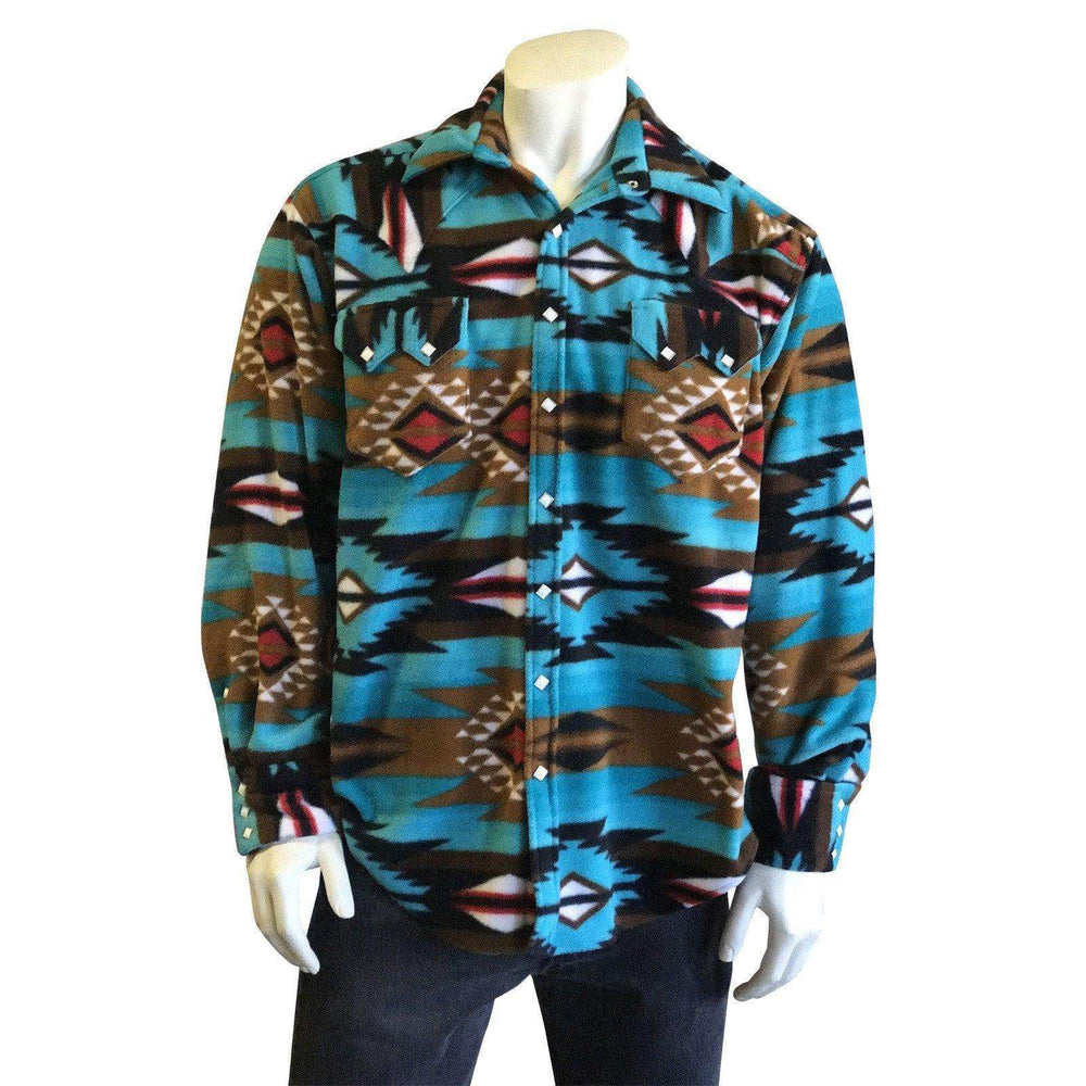 Men's Native Pattern Fleece Western Shirt in Turquoise & Brown - Rockmount Clothing - Flyclothing LLC