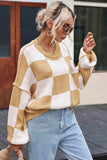 Checkered Exposed Seam Drooped Shoulder Sweater - Trendsi - Flyclothing LLC