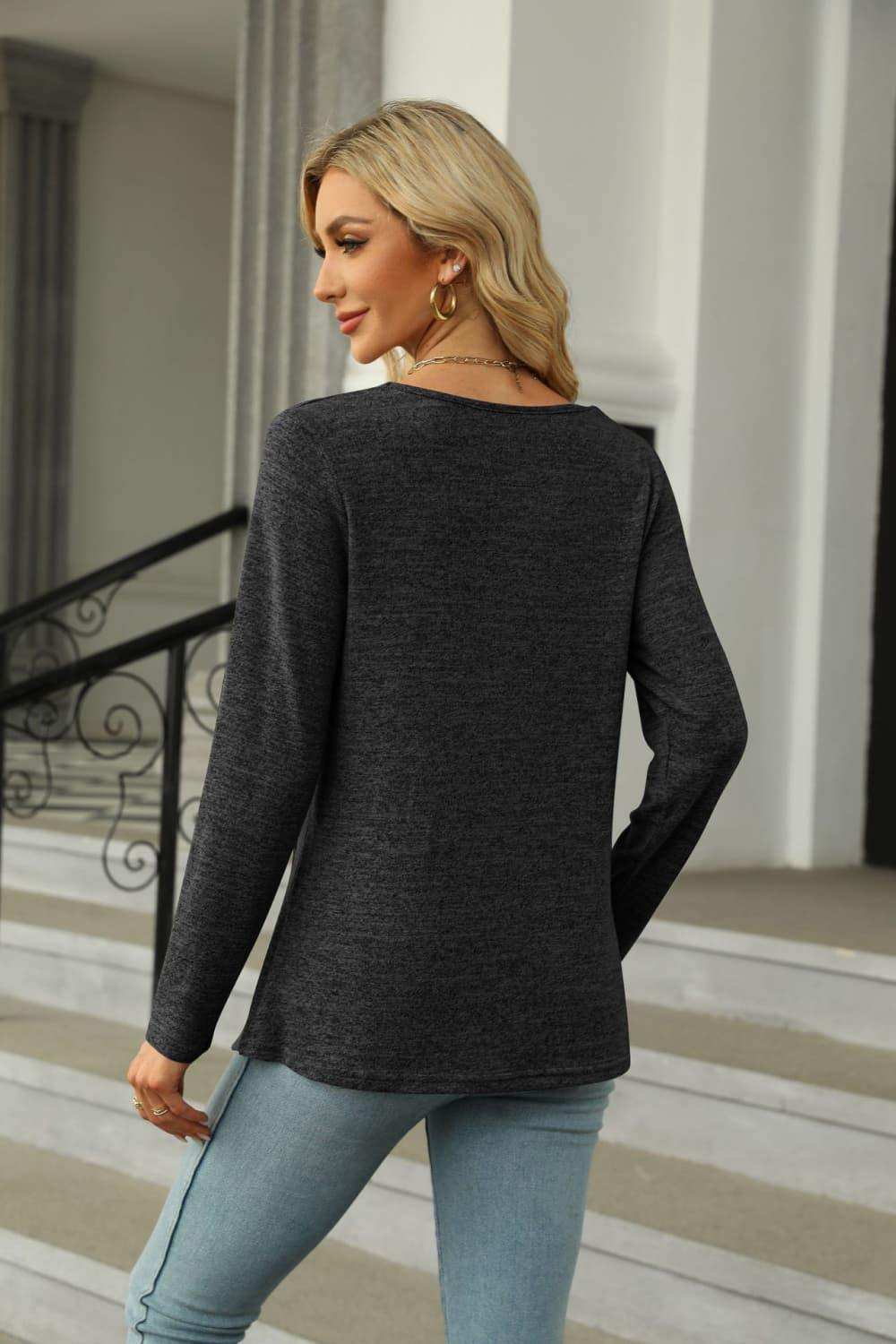 Square Neck Long Sleeve Slit T-Shirt - Trendsi - Flyclothing LLC
