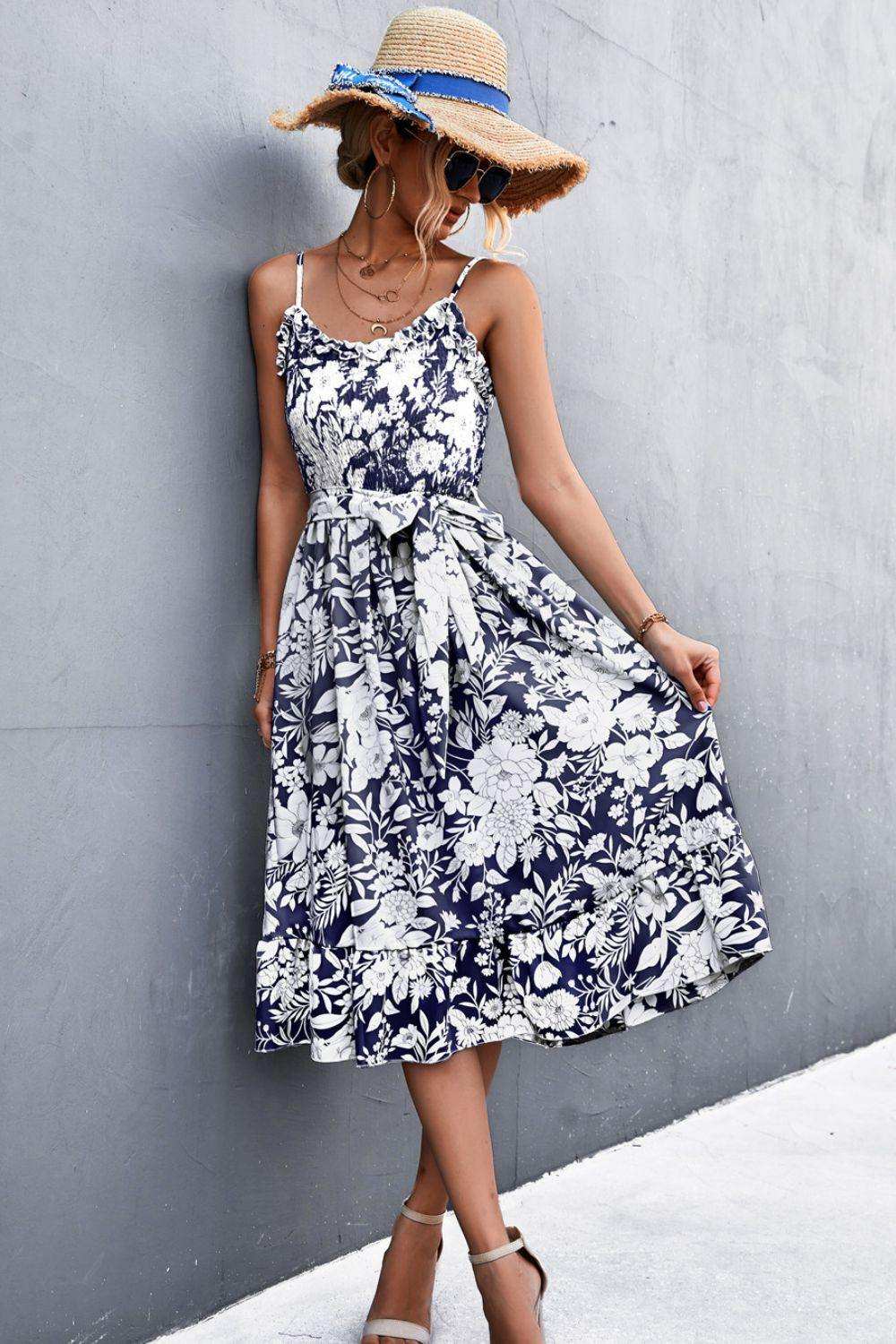 Floral Frill Trim Scoop Neck Spaghetti Strap Dress - Trendsi - Flyclothing LLC