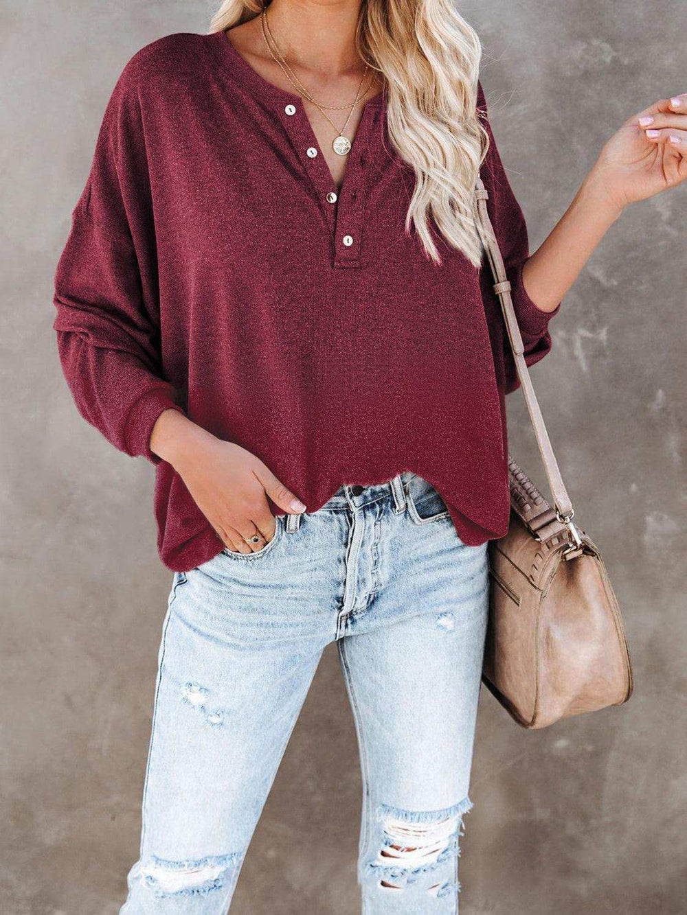 Buttoned Drop Shoulder Top - Trendsi - Flyclothing LLC