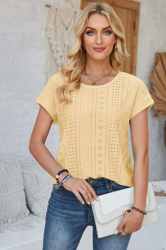 Eyelet Round Neck Rolled Short Sleeve T-Shirt - Trendsi - Flyclothing LLC