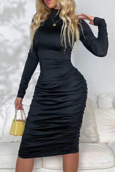 Ruched Mock Neck Long Sleeve Dress - Trendsi - Flyclothing LLC