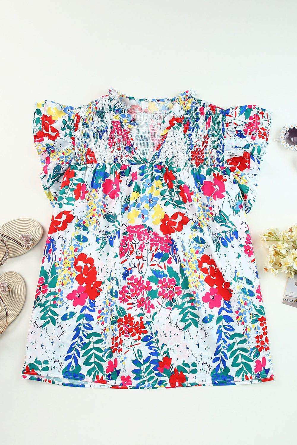 Plus Size Floral Smocked Flutter Sleeve Blouse - Trendsi - Flyclothing LLC