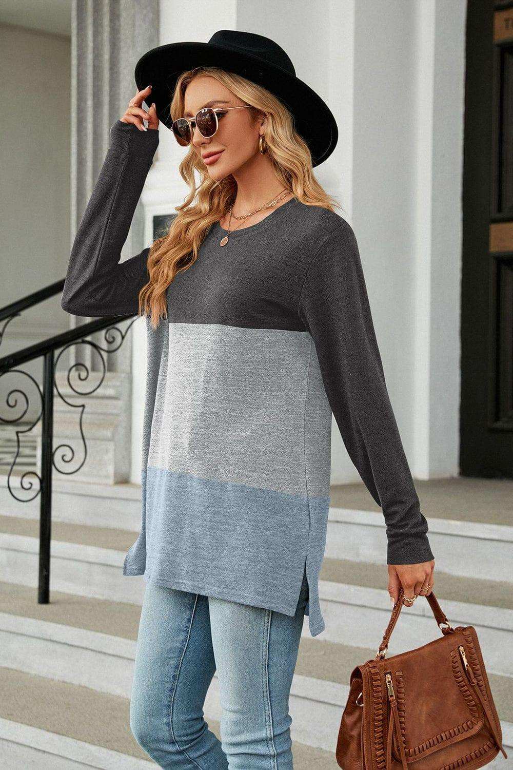 Color Block Round Neck Long Sleeve Slit T-Shirt - Trendsi - Flyclothing LLC