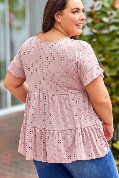 Plus Size Eyelet Round Neck Short Sleeve Blouse - Trendsi - Flyclothing LLC