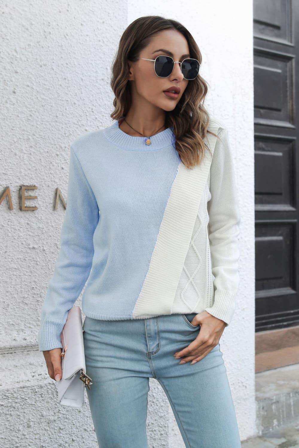 Contrast Color Round Neck Long Sleeve Sweater - Trendsi - Flyclothing LLC