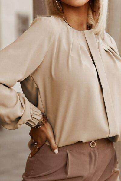 Button Up Round Neck Long Sleeve Shirt - Trendsi - Flyclothing LLC