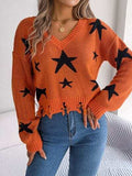 Star Pattern Distressed V-Neck Cropped Sweater - Trendsi - Flyclothing LLC