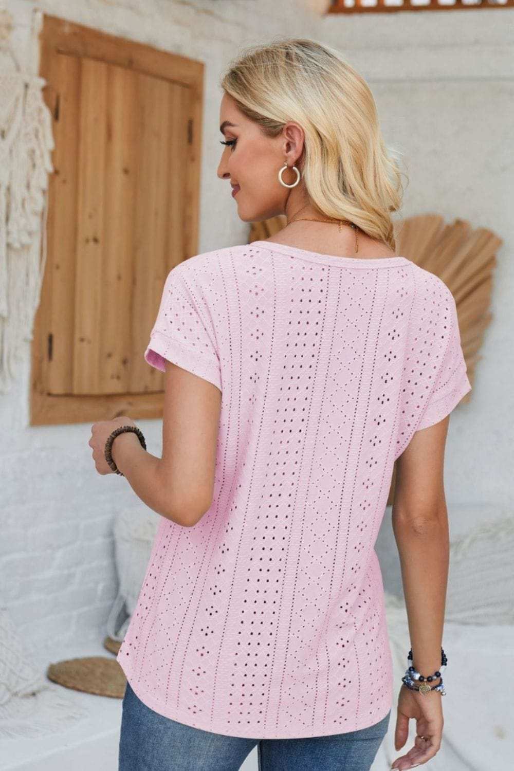 Eyelet Round Neck Rolled Short Sleeve T-Shirt - Trendsi - Flyclothing LLC