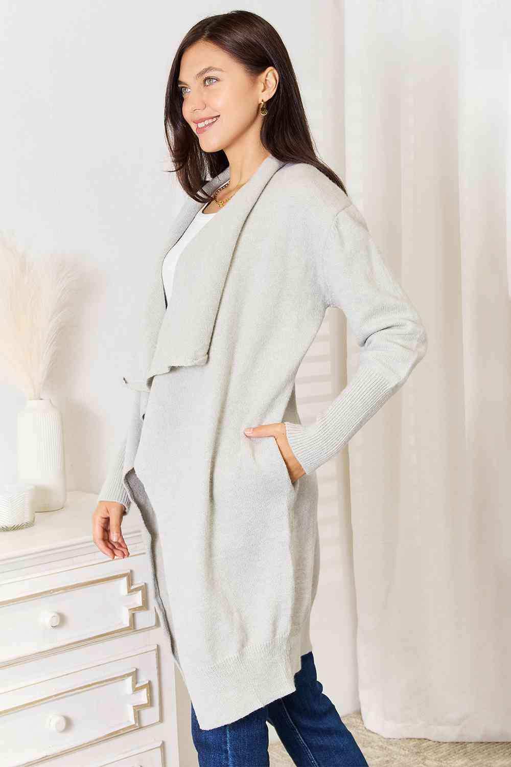 Double Take Open Front Duster Cardigan with Pockets - Trendsi - Flyclothing LLC