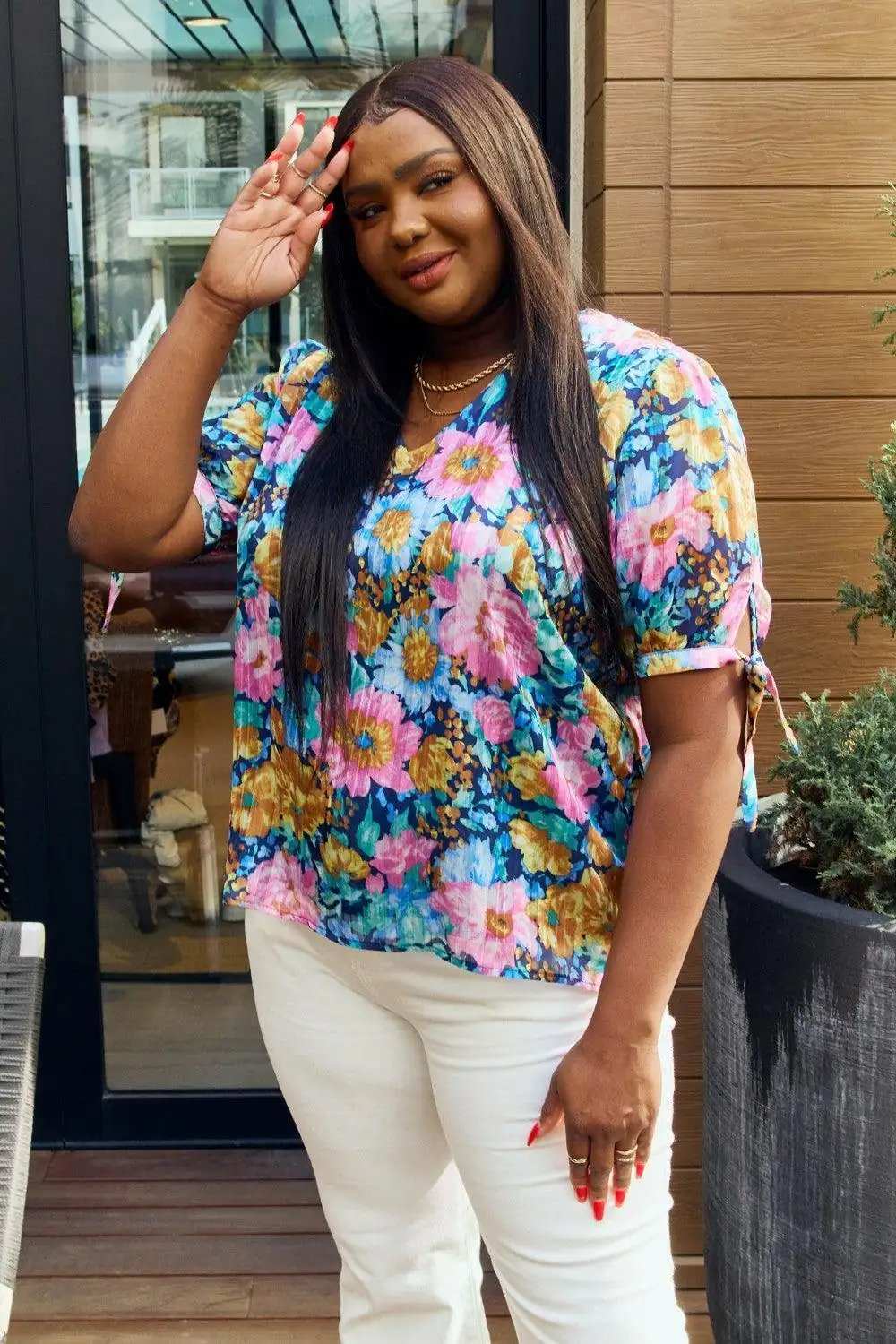 Petal Dew Full Size Floral V-Neck Tie Detail Blouse - Trendsi - Flyclothing LLC