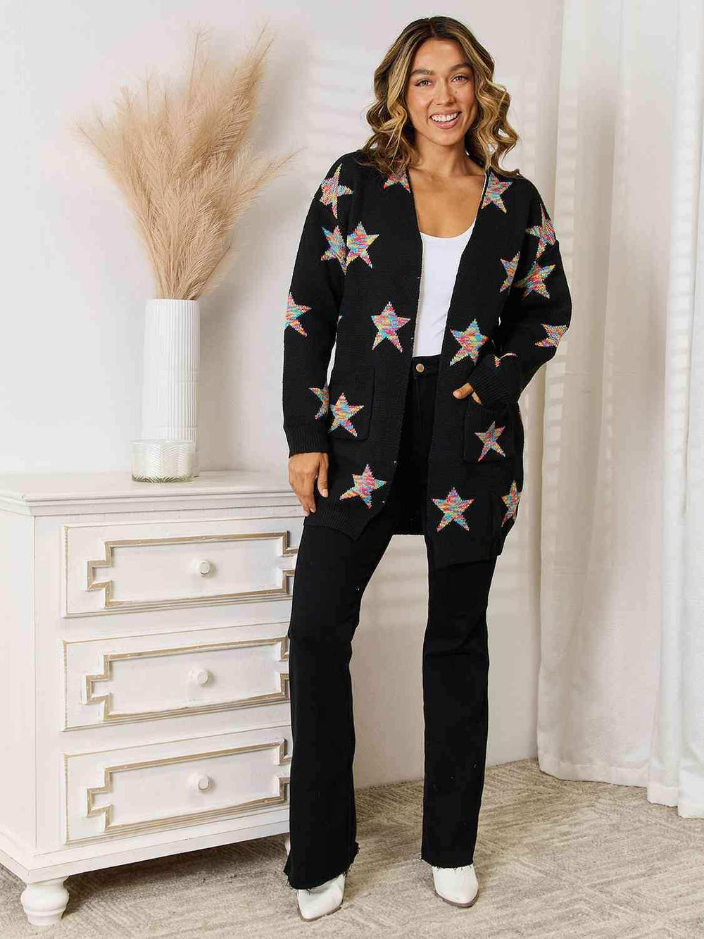 Star Pattern Open Front Cardigan with Pockets - Trendsi - Flyclothing LLC