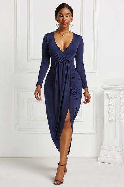High-low Ruched Surplice Long Sleeve Dress - Trendsi - Flyclothing LLC