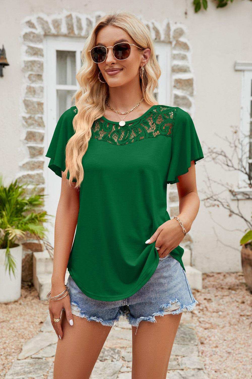 Spliced Lace Flutter Sleeve Top - Trendsi - Flyclothing LLC
