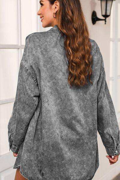 Button Up Dropped Shoulder Denim Top - Trendsi - Flyclothing LLC