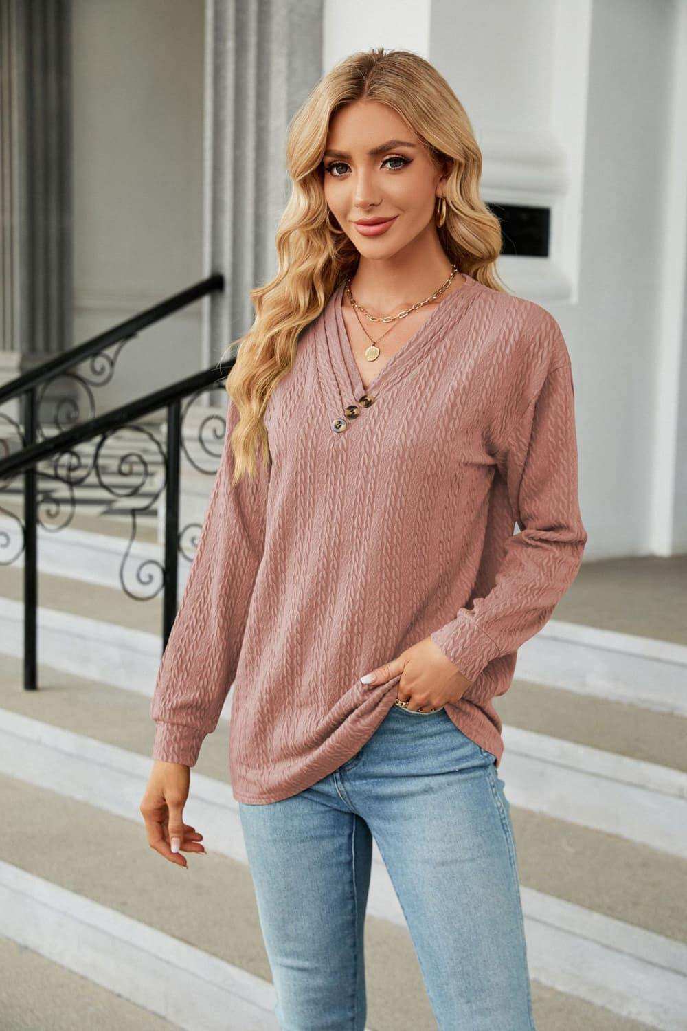Decorative Button V-Neck Long Sleeve T-Shirt - Trendsi - Flyclothing LLC