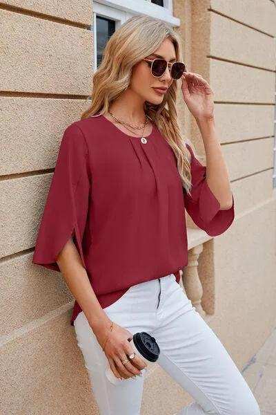 Round Neck Slit Half Sleeve Top - Trendsi - Flyclothing LLC