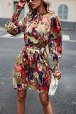 Printed Tie Waist Mock Neck Lantern Sleeve Dress - Trendsi - Flyclothing LLC