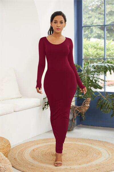 Round Neck Long Sleeve Maxi Wrap Dress - Trendsi - Flyclothing LLC