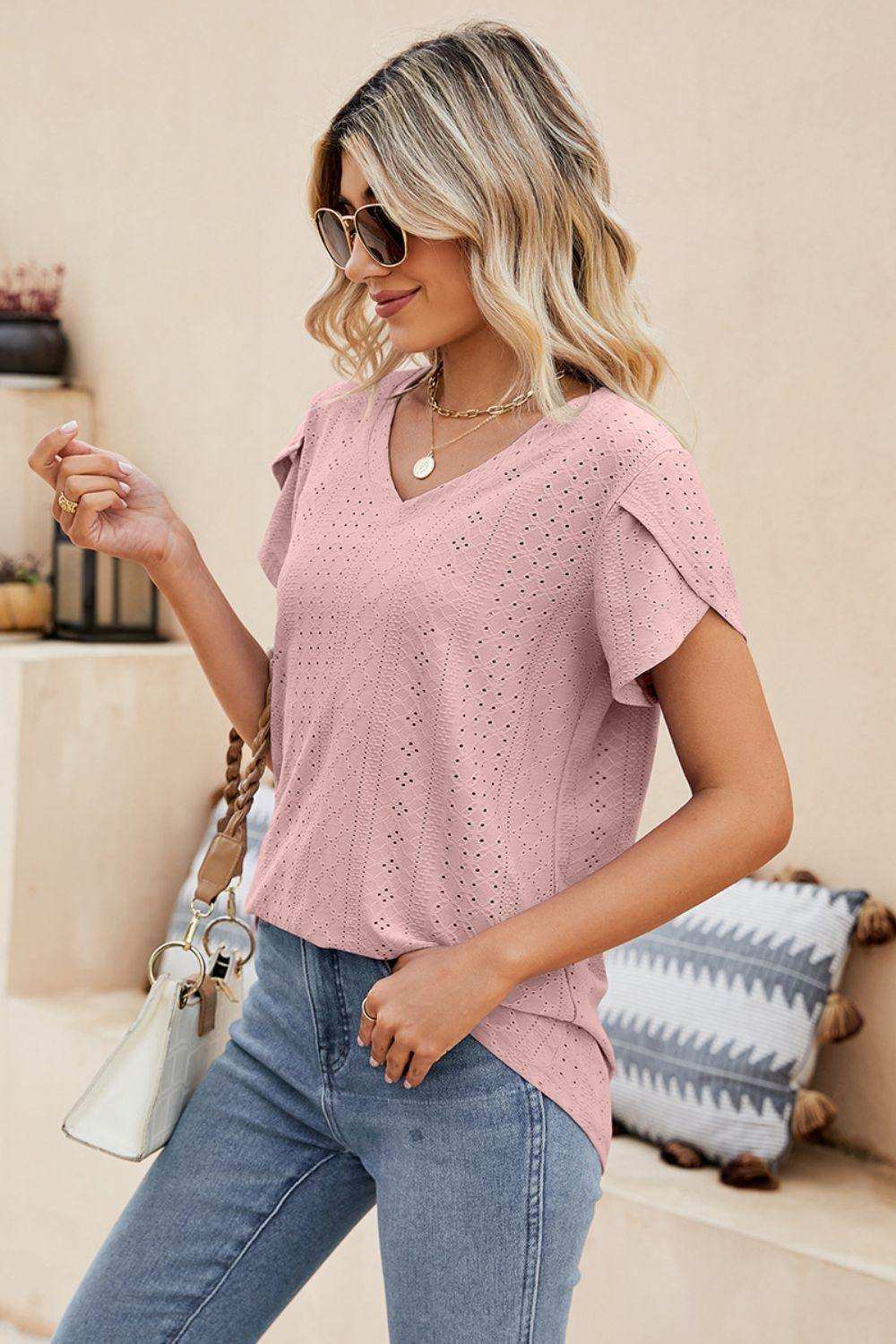 Eyelet Petal Sleeve V-Neck Knit Top - Trendsi - Flyclothing LLC