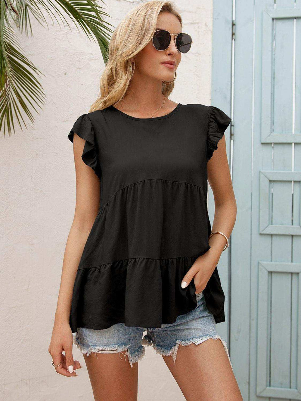 Round Neck Flutter Sleeve Tiered Blouse - Trendsi - Flyclothing LLC