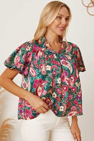 Floral Collared Neck Short Sleeve Blouse - Trendsi - Flyclothing LLC