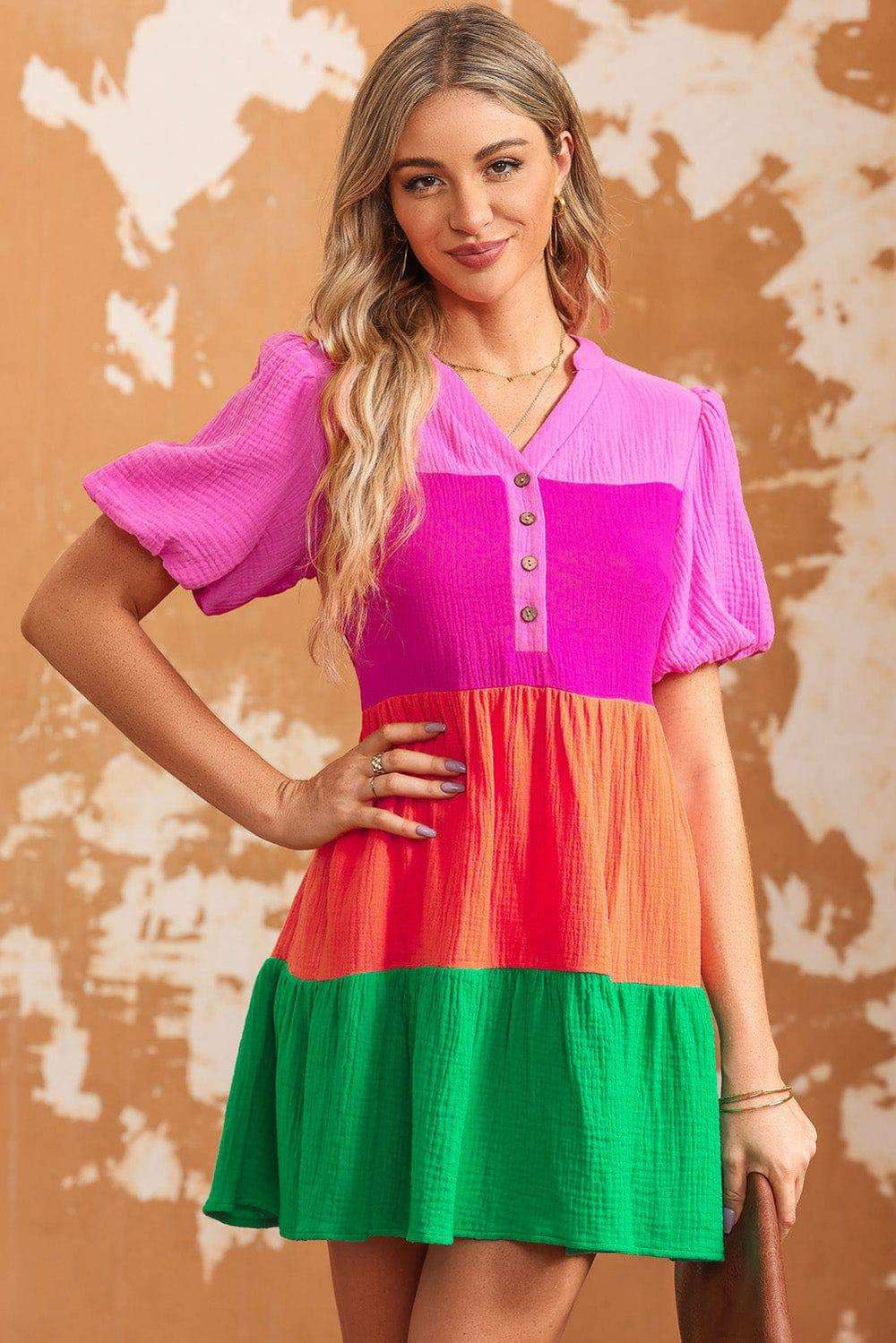 Color Block Buttoned Puff Sleeve Dress - Trendsi - Flyclothing LLC