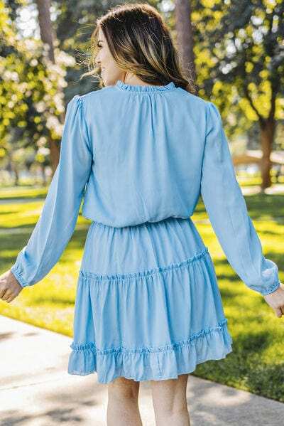 Frill Tie Neck Balloon Sleeve Dress - Trendsi - Flyclothing LLC