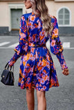 Printed Tie Waist Mock Neck Lantern Sleeve Dress - Trendsi - Flyclothing LLC