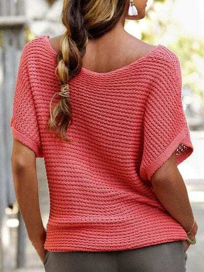 Boat Neck Short Sleeve Sweater - Trendsi - Flyclothing LLC