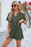 Notched Button Detail Dropped Shoulder Top and Shorts Set - Trendsi - Flyclothing LLC
