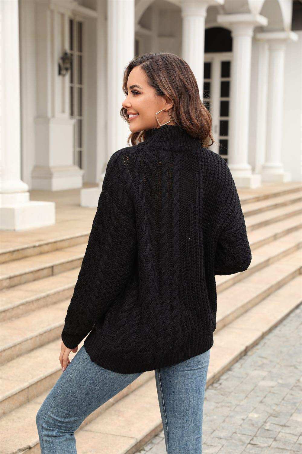 Cable-Knit Turtle Neck Long Sleeve Sweater - Trendsi - Flyclothing LLC