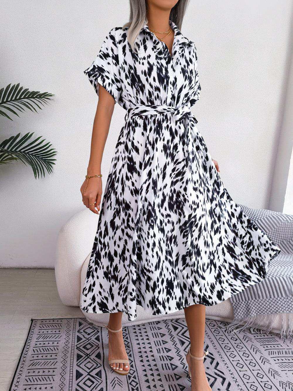 Printed Collared Neck Short Sleeve Tie Waist Dress - Trendsi - Flyclothing LLC