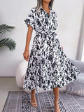 Printed Collared Neck Short Sleeve Tie Waist Dress - Trendsi - Flyclothing LLC