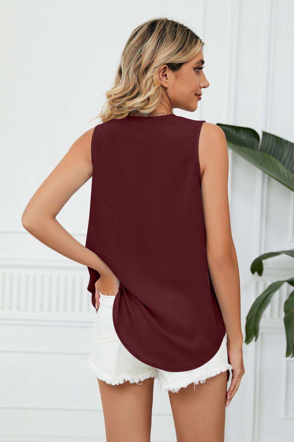 Contrast Trim Plunge Sleeveless Blouse - Trendsi - Flyclothing LLC