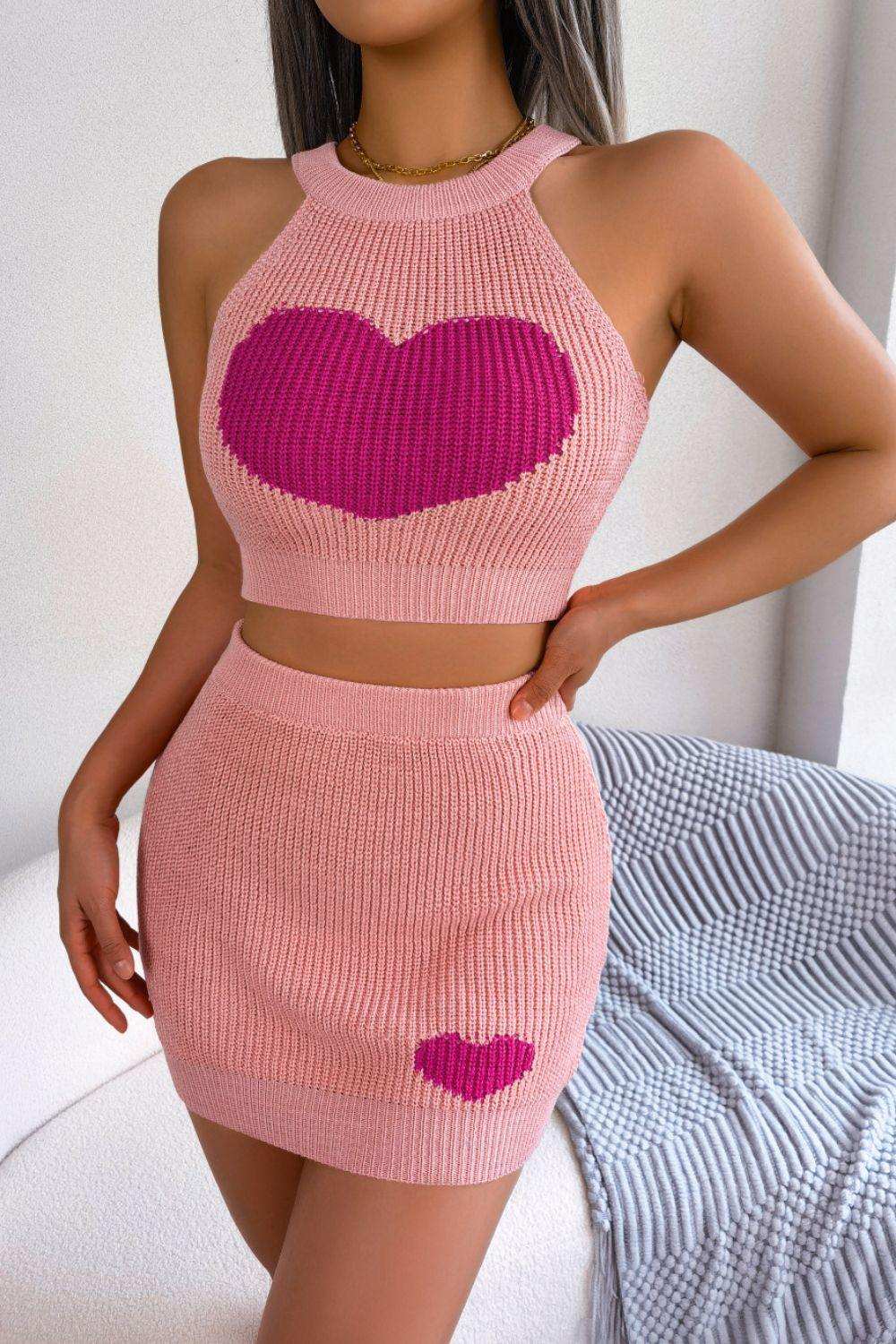 Heart Contrast Ribbed Sleeveless Knit Top and Skirt Set - Trendsi - Flyclothing LLC
