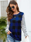 Plaid Striped Round Neck Long Sleeve T-Shirt - Trendsi - Flyclothing LLC