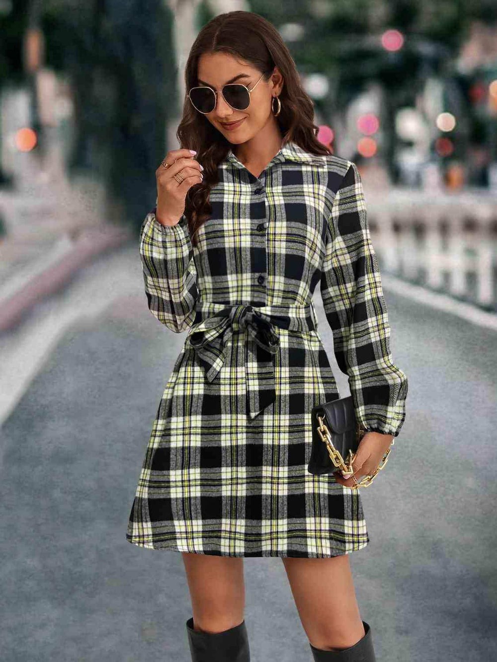 Plaid Tie Front Collared Neck Long Sleeve Dress - Trendsi - Flyclothing LLC