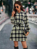 Plaid Tie Front Collared Neck Long Sleeve Dress - Trendsi - Flyclothing LLC