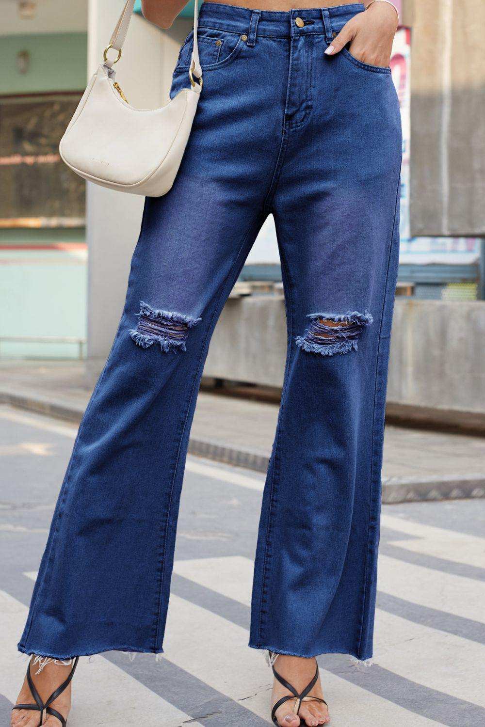 Distressed Buttoned Loose Fit Jeans - Trendsi - Flyclothing LLC